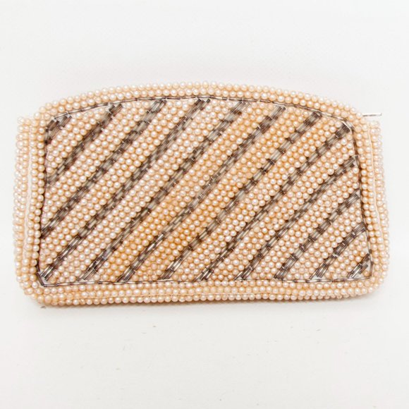 Vintage Hand Beaded Pearl Clutch Champagne Pearls Satin lining Coin Purse 7" - Picture 1 of 6